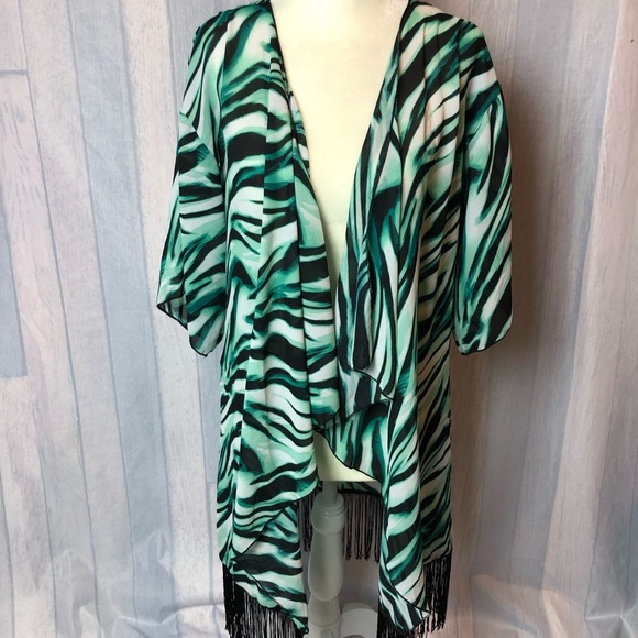 LULAROE Monroe Green Fringe Chiffon Sheer Cardigan - Picture 1 of 6